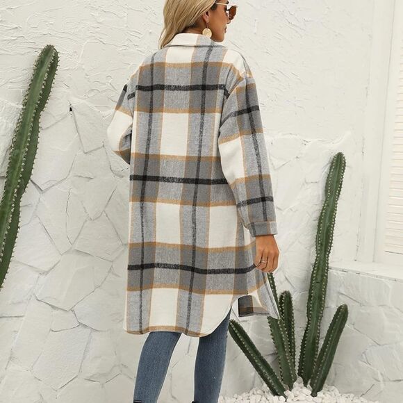 NWT Long Plaid Women Brushed Flannel Shacket Jacket Button Down Wool Blend Coat - Picture 2 of 6